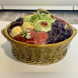 Vintage 1920s Sarreguemines Majolica Fruits Ceramic Basket Lidded Dish